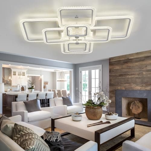 HIHIHOMY Plafonnier Moderne De 41,3 Pouces Lampe Salon Plafond En Cristal Pour Plafond De Salon, Cadre En Cristal Blanc 8 Carrés, Plafonnier Led Moderne Dimmable, Luminaire Plafonnier Led Metal