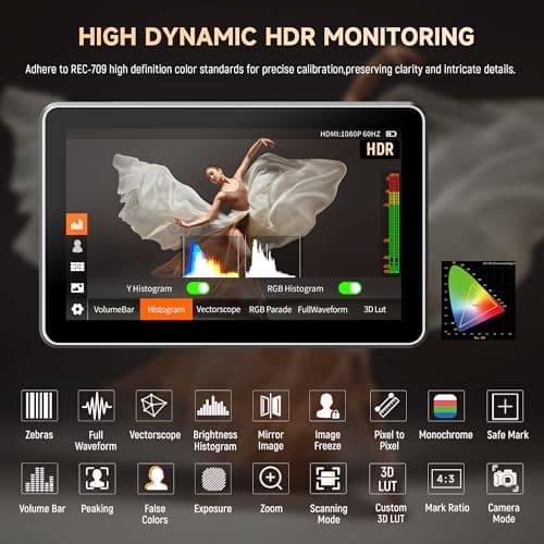 VILTROX DC-X3 2000 Nits SDI Kit Moniteur de terrain pour caméra avec cage, 4K HDMI Moniteur vidéo à écran tactile avec pare-soleil/batterie, 3D Lut 1920X1080 HD Full Waveform Focus Peaking VectorScope