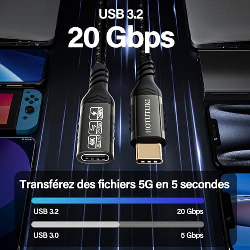 HOTUTUKI cable usb c male/femelle 50 cm,USB C 3.2 Gen2, 20gbs 240W/5A Compatible USB C 3.2, USB 3.1, USB 3.0, 4K à 60 Hz,usb extender cable,rallonge type c femelle