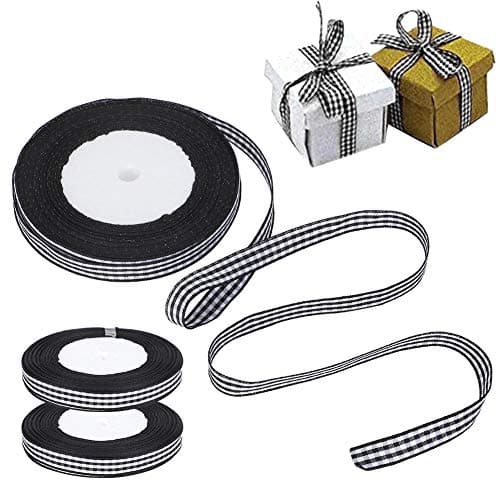 Tiiyee Ruban Vichy Noir et Blanc, 3 Rouleaux de Ruban de Satin à Carreaux Noël Mariage tissé Bord Rouleau Emballage Cadeau décoration de gâteau 1 cm de Largeur 25 Verges/Rouleau
