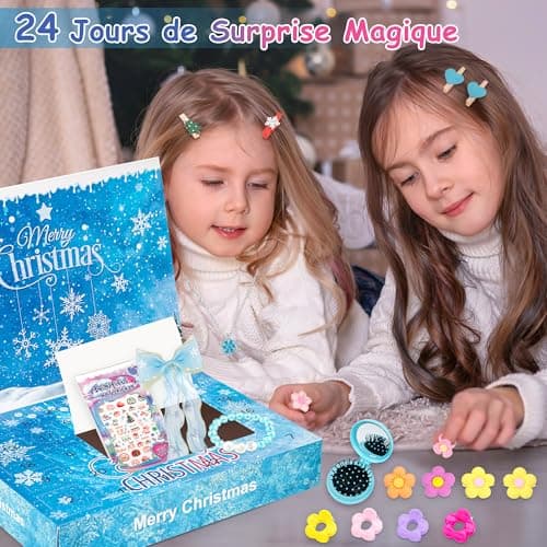 Calendrier de l'Avent Fille 2024, Calendrier de Compte à Rebours de Noël de 24 Jours avec Accessoires de Cheveux de Princesse pour Enfant, Cadeau de Noël pour Filles