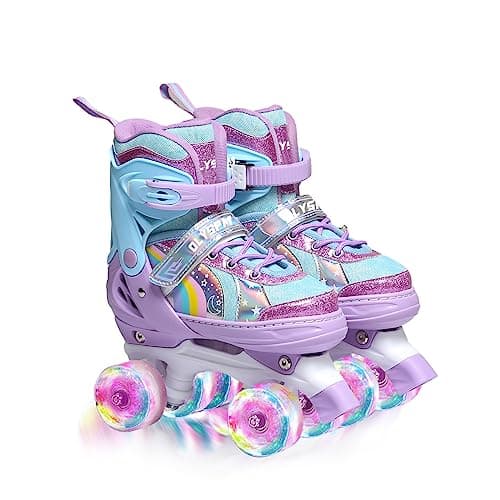 OLYSPM Patins à roulettes pour Enfants, 8 Roues Lumineuses et 4 Tailles réglables, Patins à Quatre Roues avec Sac de Rangement, Patins à roulettes à Double rangée pour Filles, garçons et débutants