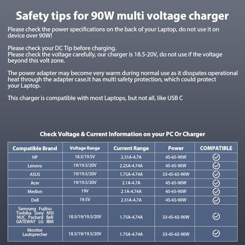Sunydeal 90W Chargeur universel PC pour Ordinateur Portable HP Stream ASUS Vivobook Lenovo Ideapad Dell Acer Toshiba Sony Fujitsu MSI Samsung JBL 18.5V 19V 19.5V 20V Câble d'alimentation avec 10 Tips