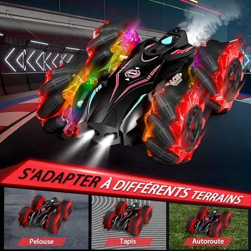 Bibykivn RC Voiture Stunt, 360°Rotation 2.4GHz Voiture Télécommandée Tout Terrain, 4WD Capteur de Gestes Jouet Voitures avec Lampe à pulvérisation LED pour 4-12 Ans Garçon Fille (Rouge)