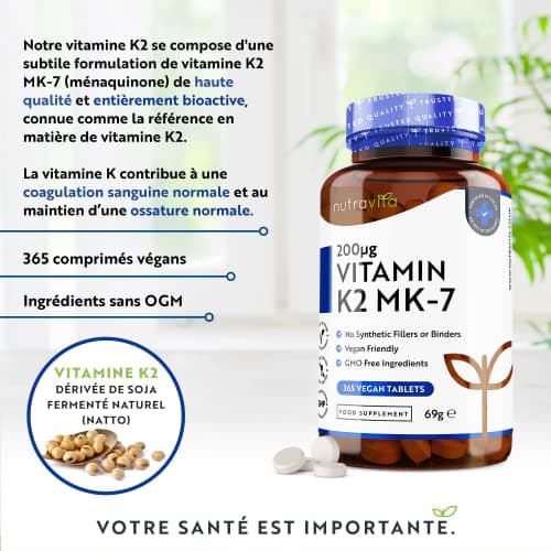 Vitamine K2 MK-7 200mcg - 365 micro-comprimés végétaliens (pas de gélules) - Contribue au maintien d'une ossature normale - Ménaquinone MK7 très puissante - Nutravita