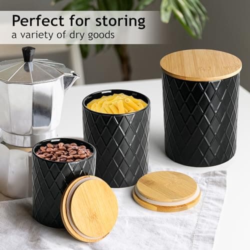 MIAMIO - Set de 3 boîtes de conserve pour le comptoir de cuisine, boîte de conserve en céramique avec couvercle en bois hermétique - parfait pour le café, le thé, le sucre, la farine, le thé (Noir)