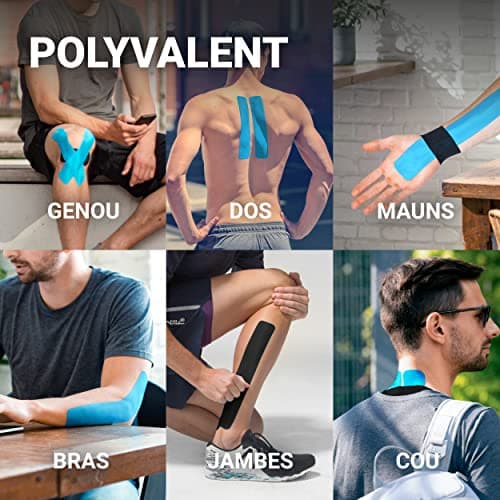 TRUETAPE® - Bandes de Kinésiologie en diverses coleurs | Rouleau de 5m x 5cm | Kinesio Tape imperméable et élastique pour le sport | Kinesiology Tape | Bleu & Noir