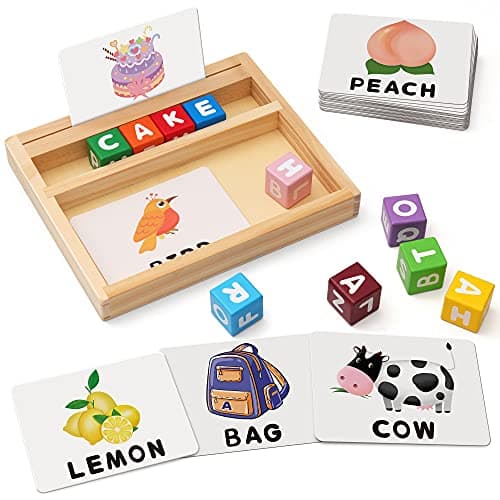 Coogam Blocs de Couleur Jeux d'orthographe, Lettres Assorties en Bois Jouet avec Mots Cartes Flash, Alphabet ABC Apprentissage éducatif Montessori Puzzle Cadeau