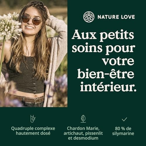 Complexe de chardon Marie NATURE LOVE® - 120 gélules - chardon Marie, artichaut, pissenlit et desmodium - hautement dosé avec 80% de silymarine - testé en laboratoire, végane, produit en Allemagne