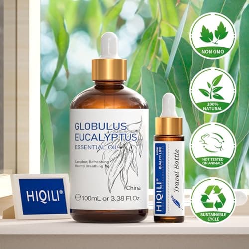 HIQILI Huile Essentielle Eucalyptus 100ML, 100% Naturelle, Huile d'aromathérapie Pour Le Visage, La Fabrication de Bougies, Le Diffuseur, La Peau et Les Cheveux - 3.38 Fl Oz
