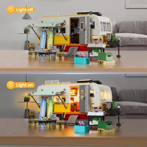 FUNWHOLE Caravane de Voyage - Ensemble de Construction en Briques Éclairées, Van Classique de Plage avec Lumières LED, Modèle de 1325 Pièces pour Adultes et Adolescents