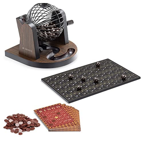 Navaris Jeu de Bingo - Jeu de Loto de 2 à 6 Joueurs avec 1 Cage en métal 12 Cartes 300 jetons 90 Boules 1 Plateau à Boules - À partir de 6 Ans