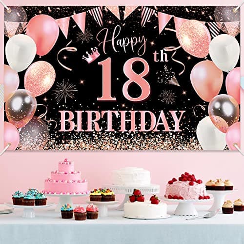18 Décorations fête en Rose or Noir,Deco Anniversaire 18 ans Bannières de Joyeux Anniversaire Fête Porche Signe Bannière pour 18 ans Décoration Homme Femme
