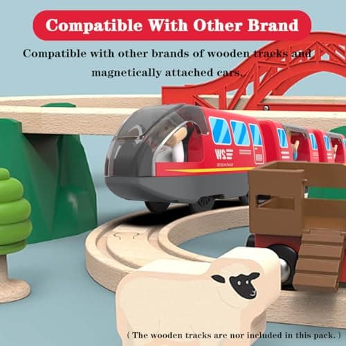 LiRiQi Train de locomotives à Piles, Ensemble de Jouets Magnétique de Train électrique, Montessori Train en Bois, Compatible avec Thomas, Brio, Jouet pour Tout-Petits Enfants garçon, Rouge