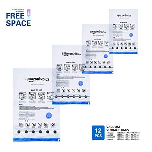 Amazon Basics de rangement sous vide avec pompe manuelle, Lot de 12, (3 jumbo, 3L, 3M, 3S), Fermeture éclair, Multiple, Blanc,bleu