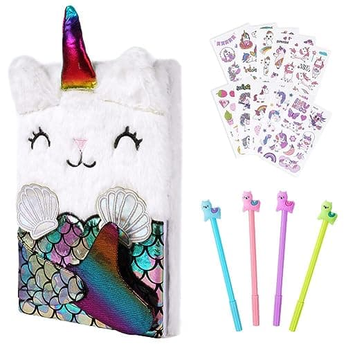 OFFCUP Journal Intime Fille, Mermaid Carnet Secret en Peluche, 160 Pages A5 Journal Secret avec Stylo et Autocollants Carnet de Notes Cadeau pour Enfants Bloc-notes Scolaire Cahiers