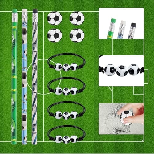 XIAQICA 12 Crayons de Football avec Gomme+ 12 Gommes de Football en Plastique + 12 Bracelet Tressé Football Réglable Ensemble Papeterie Football Enfant Remplisseurs de Sacs de Fête de Football