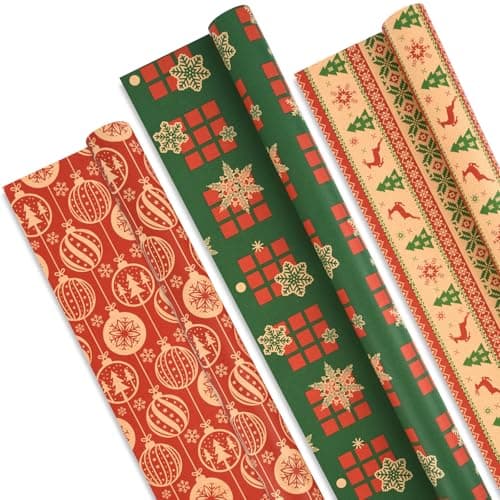 AhfuLife Papier Cadeau Noël Gros Rouleau 60CM×6.5M, 3 Rouleau Grande Longueur Papier Kraft Noël avec Jolis Motifs de Flocon de Neige - Arbre de Noël - Cloches Rounge Pour Emballage Géant Cadeau Noël