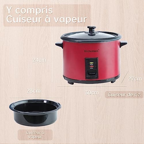Eamoment ERC-10CRD 1.8L | 700W cuiseur à riz et insert vapeur noir chaud et cuire 1-10 personnes marmite à revêtement antiadhésif, cuillère à riz et tasse à mesurer, couvercle en verre