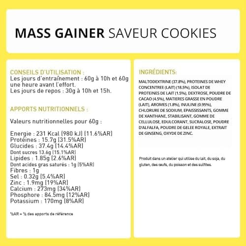 MASS GAINER +61% Glucides bi-sources, 30% Protéines, Prise de Masse Rapide, Gain de poids et Masse Musculaire - Eric Favre - Cookies 3 kg