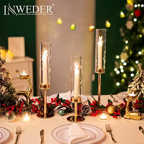 Inweder Bougeoir Doré avec Verre Amovible - Lot de 3 Bougeoirs en Verre Chandelier Bougeoir Porte Bougie Decorative Cylindres Bougeoir Decoratif pour Centre de Table de Mariage Décoration Maison