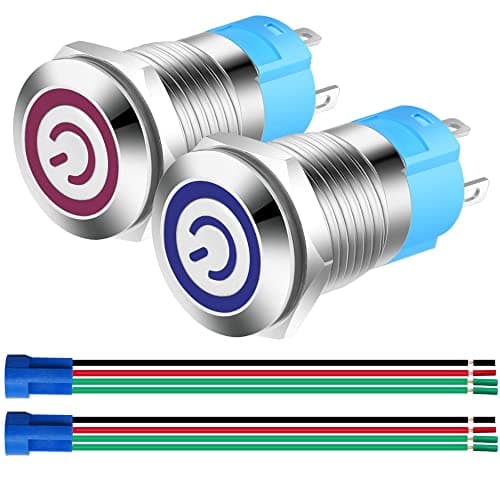 Gebildet 2pcs 12mm Autobloquant Interrupteur, Acier Inoxydable Verrouillage Bouton Interrupteur, Normalement Ouvert SPST 12V-24V 3A Interrupteur à Levier Étanche avec Fiche à Douille (Bleue+Rouge)