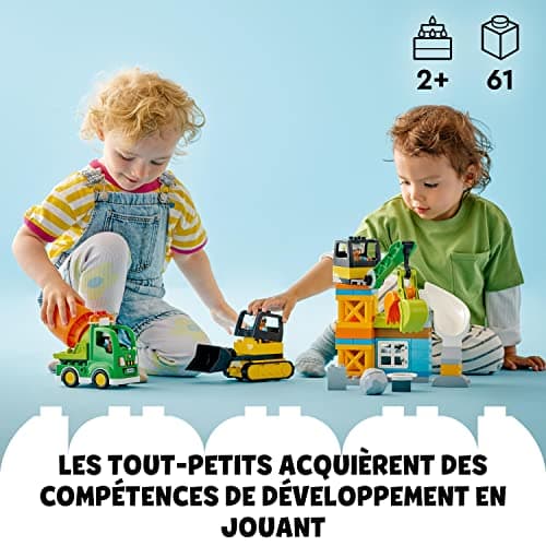 LEGO Duplo Ma Ville Le Chantier de Construction avec Grue, Bulldozer et Bétonnière - Jouet Sensoriel avec de Grandes Briques, Sons et Lumières - Idée Cadeau pour Garçons et Filles Dès 2 Ans 10990