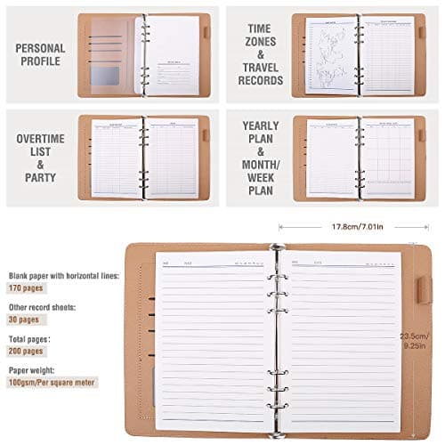 Minlna Carnet en cuir format A5 Rechargeable avec des feuilles volantes 200 pages épaisses Doublure classique avec poche et porte-stylos (Orange)