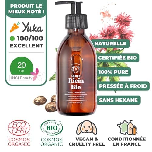 Bionoble Huile de Ricin Bio 200ml + Pompe - Bouteille en Verre - 100% Pure, Naturelle, Pressée à Froid - Huile de Ricin pour Cheveux Cils Sourcils, Huile Barbe - Vegan Castor Oil, Huile Ricin