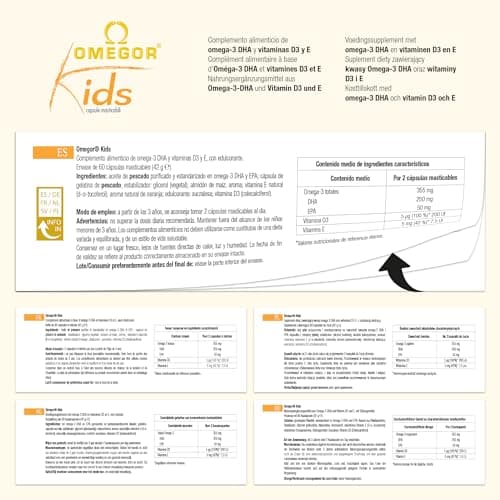 Gélules Omegor Kids | 250 mg d'oméga-3 DHA pour les enfants | Gélules molles exquises à croquer, créées à partir de gélatine de poisson | Goût sucré - Saveur délicate multifruits, 60 gélules