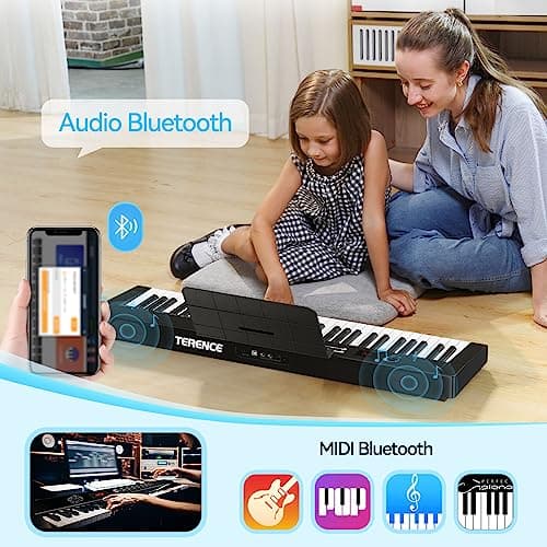 TERENCE Piano Numérique 61 Touches Lumineuses support de partitions semi-lestées avec Stands et Batterie de 1750mAh et interface MIDIBluetooth Sacs pour Clavier Câble audio Casque Noir