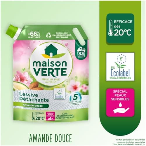 Maison Verte - Recharge Lessive Liquide - Parfum aux Huiles Essentielles - Lessive Détachante - Amande Douce - Peaux Sensibles - Efficace dès 20°C - 5 Enzymes Actives d'Origine Naturelle - 33 Lavages