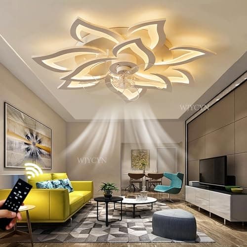WJYCYN Ventilateur de plafond à LED avec éclairage Plafonnier à LED dimmable Plafond de salon moderne avec ventilateur Plafonnier géométrique créatif DIY pour la chambre à coucher (Blanc, Ø81cm 145W)