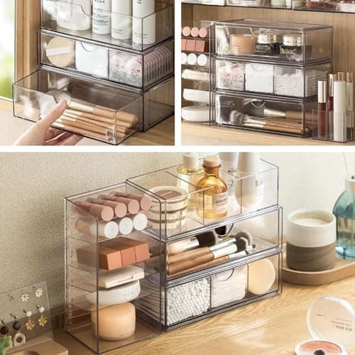 DoocliB Lot de 3 tiroirs de rangement empilables en acrylique pour salle de bain,boîte de rangement compacte en plastique pour maquillage ou cosmétiques, boîte à bijoux empilable, transparent