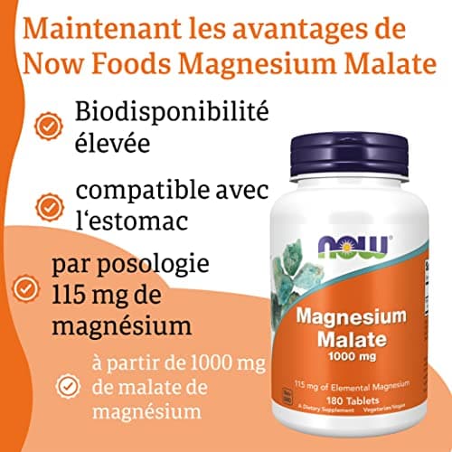 Now Foods, Malate de Magnésium, 1,000 mg, 180 Comprimés végétaliens, Testé en Laboratoire, Sans Gluten, Sans Soja, Végétarien