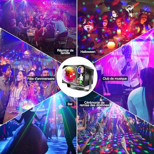 Lampe de Scène 4 en 1, Fwiull Lumière Disco avec Télécommande et Stroboscope, 65 Effets Lumineux RGB UV, USB Lumineux Boule Disco Musique Commande Vocale, Idéal Lumiere pour Soirée, Fête, Karaoké,Noël
