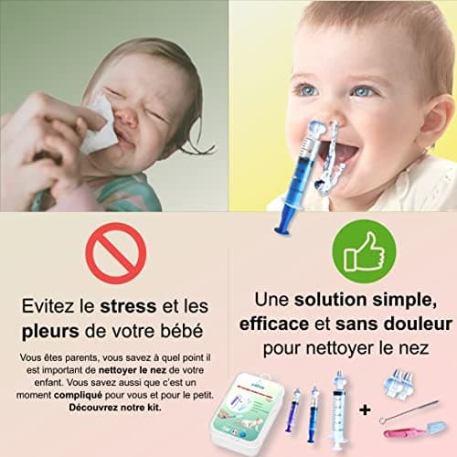 Kit complet de soin nasal - Seringue nasale bebe - mouche bebe - 3x seringues + 5x embouts en silicone + cure-nez + brosse de nettoyage - mouche bebe manuel - seringue mouche bebe - pipette nez bébé