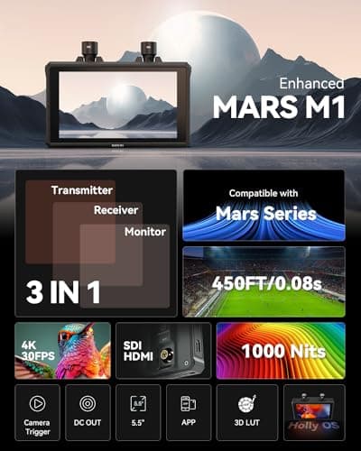 Hollyland Mars M1 Enhanced Caméra Field Monitor Transmetteur Transmission Vidéo sans Fil HDMI/SDI Émetteur Récepteur, 150M 1080p60 APP Surveillance, 5.5" 1000nit RGB Waveform Histogram Focus-3D-LUT