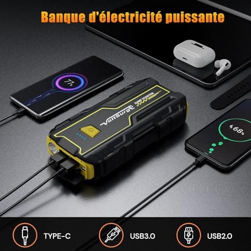 VoltSugre Booster Batterie Voiture 3000 Amp (7.0L+ Essence / 5.5L+ Diesel) Démarreur Portable Jump Starter Puissant pour Batterie au Lithium 12V