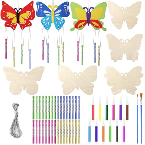 Ainiv 8 Pcs Kits Bricolage Papillon Carillon à Vent en Bois, Loisirs Créatifs pour Filles, DIY Artisanat pour Activité Manuelles Enfants, Décoration pour Jardin, Cadeau Anniversaire 4 5 6 7 8 9 10 Ans