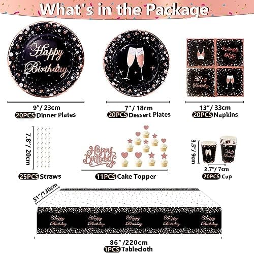 XJLANTTE Fournitures de fête Noir et Or Rose – Ballon, bannière Joyeux Anniversaire, décoration de gâteau, Tasses et Nappe pour décorations de fête Fille Femme, pour 20 invités (Set 02)
