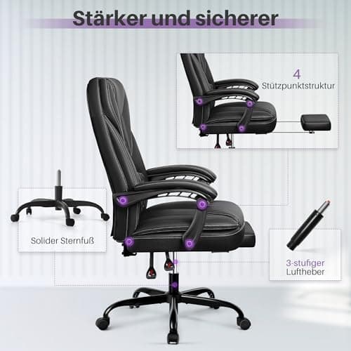 DoChair Chaise Bureau en Cuir Ergonomique Jusqu'à 140° avec Repose-Pieds Appui-tête Fonction Bascule Chaise Pivotante, Noir Mat