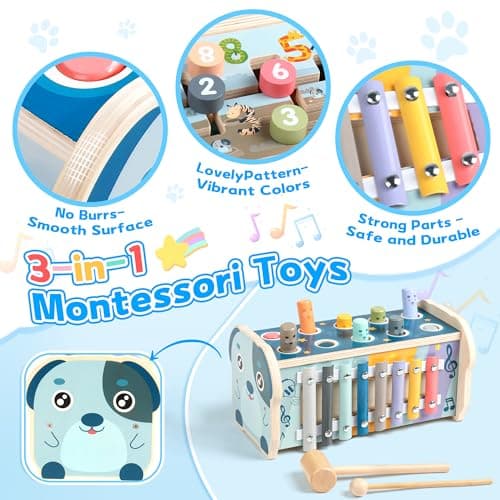 Fajiabao Jouet Bebe 1 an-Jouet Enfant 1 an Jeux Montessori 1 an Xylophone Bebe Jeux en Bois Bebe Cadeau 1 2 an Fille Garcon 3 en 1 Jeu Educatif 1 2 an Bebe avec Jeu de Taupe, Jeu Match de Numéro