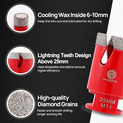 FOCSTOL Foret Diamant Carrelage Kit - 10 pièces (6/6/8/25/35/50/68mm+10mm Fraise+50mm Mèches Chanfrein Biseautées+Adaptateur) Scie Cloche Diamantée pour Porcelaine Carrelage Marbre Granit