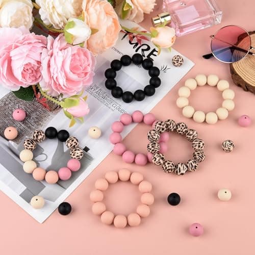ASTARON 100 pièces de perles en silicone de 15 mm pour la fabrication de porte-clés, perles rondes en silicone rose noir en vrac pour bracelets, stylos, artisanat, fabrication de bijoux