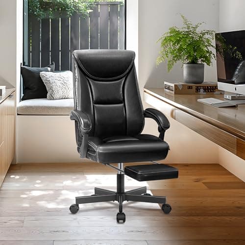 DoChair Fauteuil de Direction Chaise de Bureau Large siège de Bureau Ergonomique Dossier Haut 150KG avec Repose-Pieds Office Chair en Cuir PU, Noir