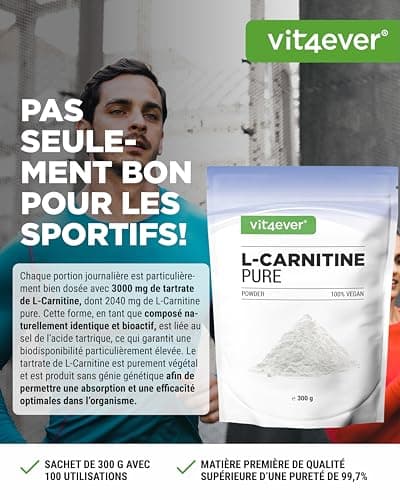 L-Carnitine Pure - 300 g de poudre pure sans additifs - 100% L-Carnitine Tartrate - 100 portions avec 3000 mg de Carnitine en poudre - Vegan - Haute Dose