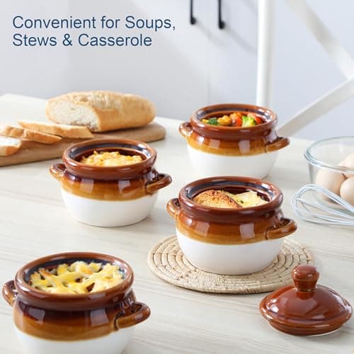 LOVECASA Lot de 4 Bols à Soupe à l'Oignon Français avec Poignée | 780ml | Pot à Soupe en Porcelaine pour Céréales, Ragoût de Bœuf, Pâtes, Tartes aux Casseroles | Compatible au Micro-ondes et Four
