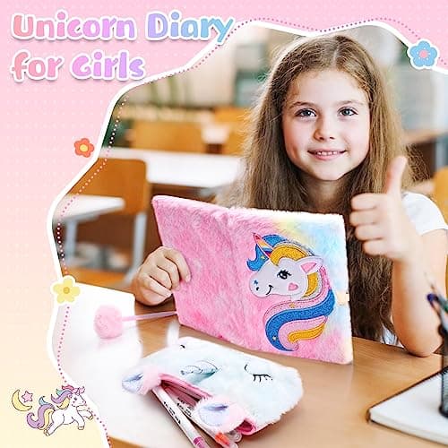 Damcyer Journal Intime Fille avec Cadenas,Ensemble de Cahier de Licorne en Peluche Comprenant une Licorne Carnet en Peluche,Trousse Licorne et Stylos de Couleur Cadeau Licorne Fille 5-12 Ans,Rose