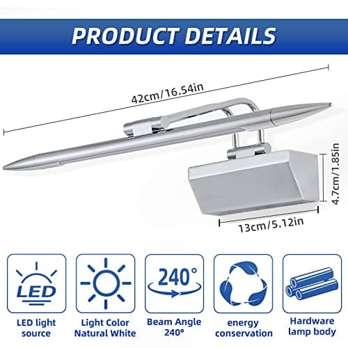 TYhogar Dimmable Applique 42CM IP44 Vanité Salle De Bains Miroir Lumières Intérieur Éclairage 6W 4000K Chrome Poli Appliques Murales Lampes de Lecture Moderne Appliques Pour Tableaux et Vitrines